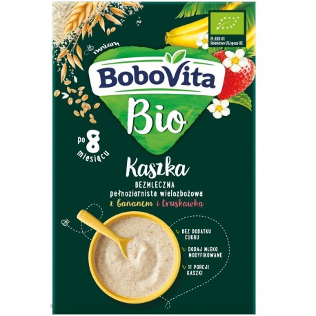 BoboVita Bio Kaszka bezmleczna pełnoziarnista wielozbożowa z bananem i truskawką po 8 miesiącu 200 g