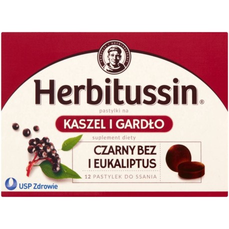 Herbitussin Czarny bez i eukaliptus Pastylki na kaszel i gardło Suplement diety 12 pastylek