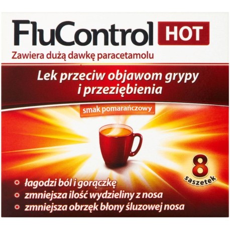 FluControl Hot Lek przeciw objawom grypy i przeziębienia smak pomarańczowy 8 sztuk