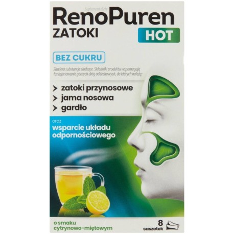 RenoPuren Zatoki Hot Suplement diety bez cukru o smaku cytrynowo-miętowym 24 g (8 x 3 g)