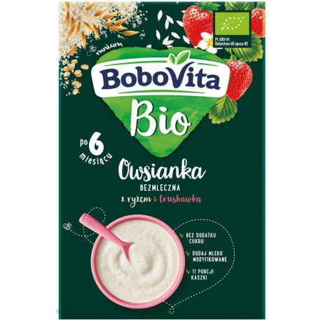 BoboVita Bio Owsianka bezmleczna z ryżem i truskawką po 6 miesiącu 200 g