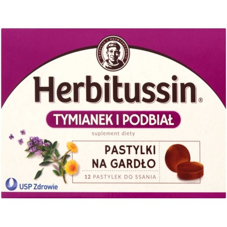 Herbitussin Tymianek i podbiał Pastylki na gardło Suplement diety 12 pastylek