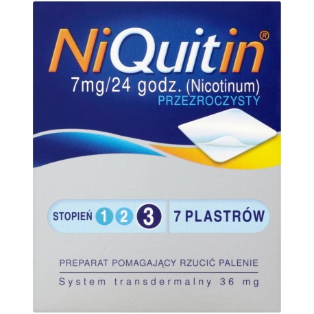 NiQuitin 7 mg/24 h Przezroczysty Preparat pomagający rzucić palenie stopień 3 7 plastrów